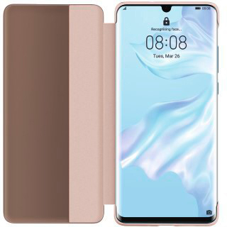 Rosa Handyhülle mit Telefon, zeigt Zeit. Geschlossene Hülle ist braun.
