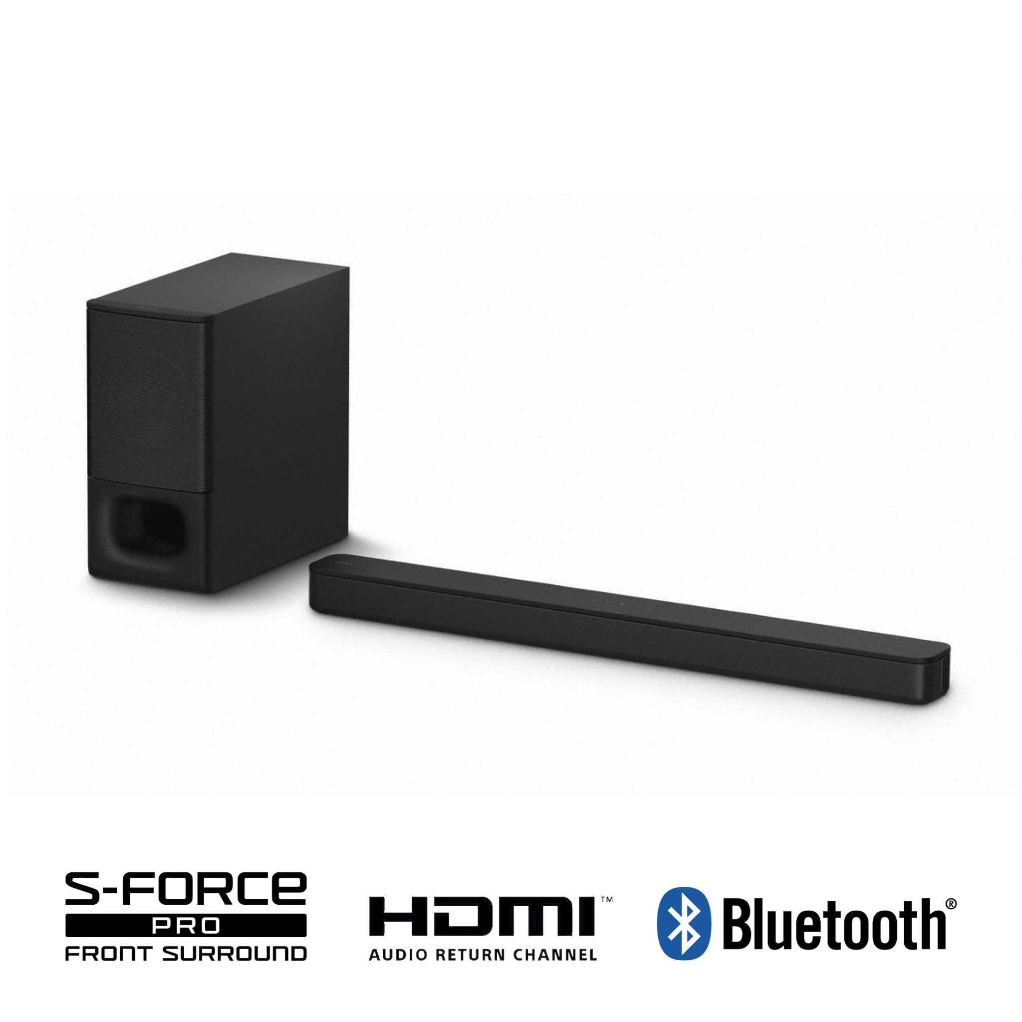 Ein schwarzes Soundbar- und Subwoofer-Set mit Logos für S-FORCE, HDMI und Bluetooth.