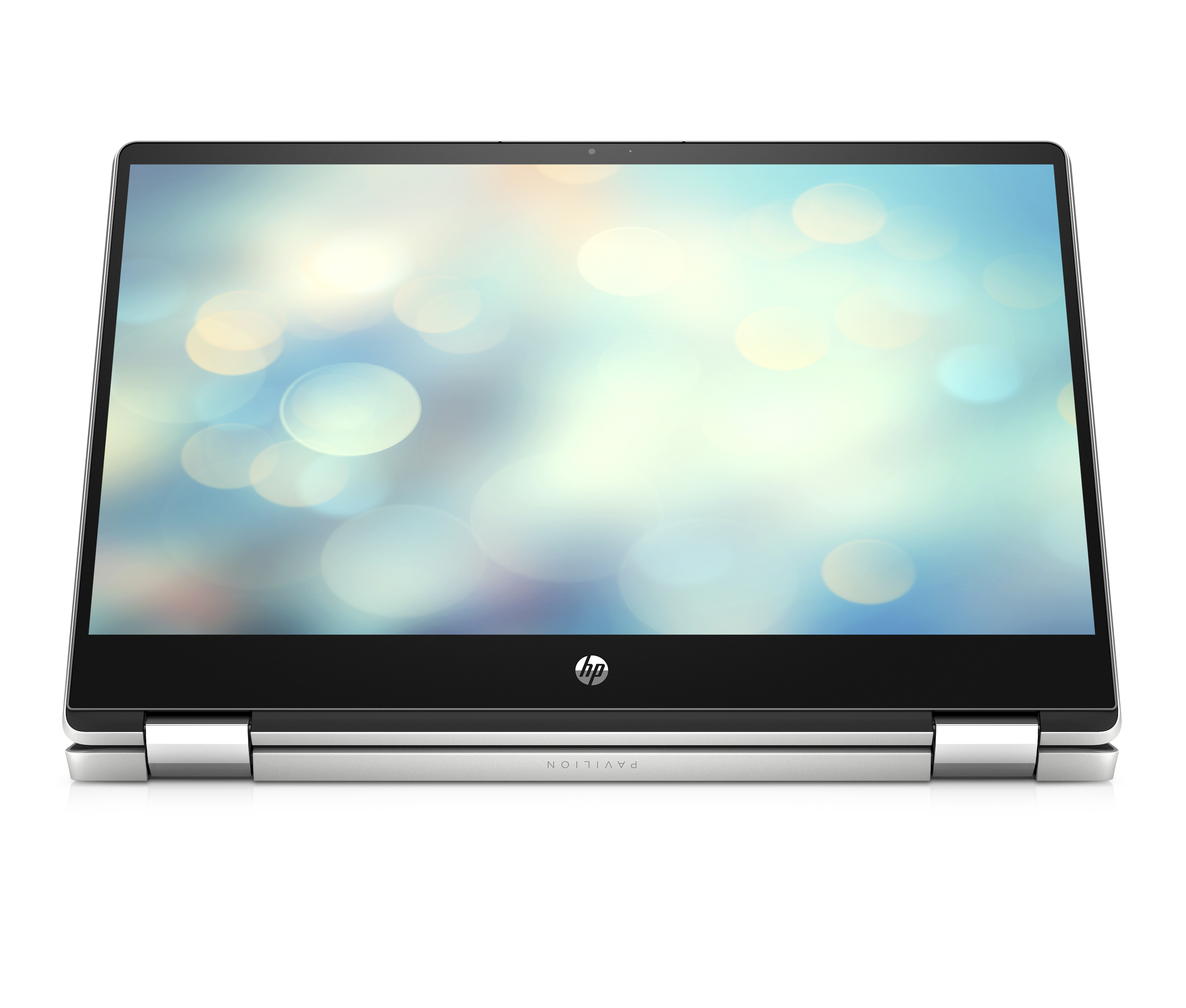 Offener Laptop mit einem Bildschirm, der einen verschwommenen, farbenfrohen Hintergrund zeigt; silberner Rahmen und Basis.