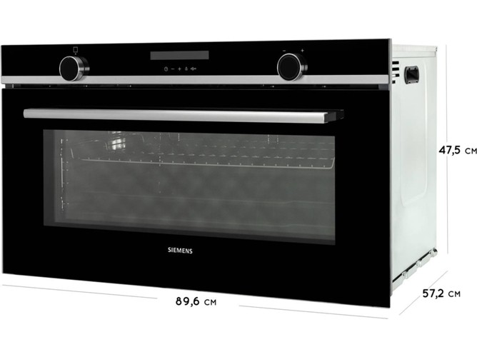 Horno negro con puerta de vidrio y dimensiones en el lateral. Fondo blanco.