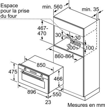 Un dibujo técnico de un horno empotrado, que muestra las dimensiones y medidas en mm.