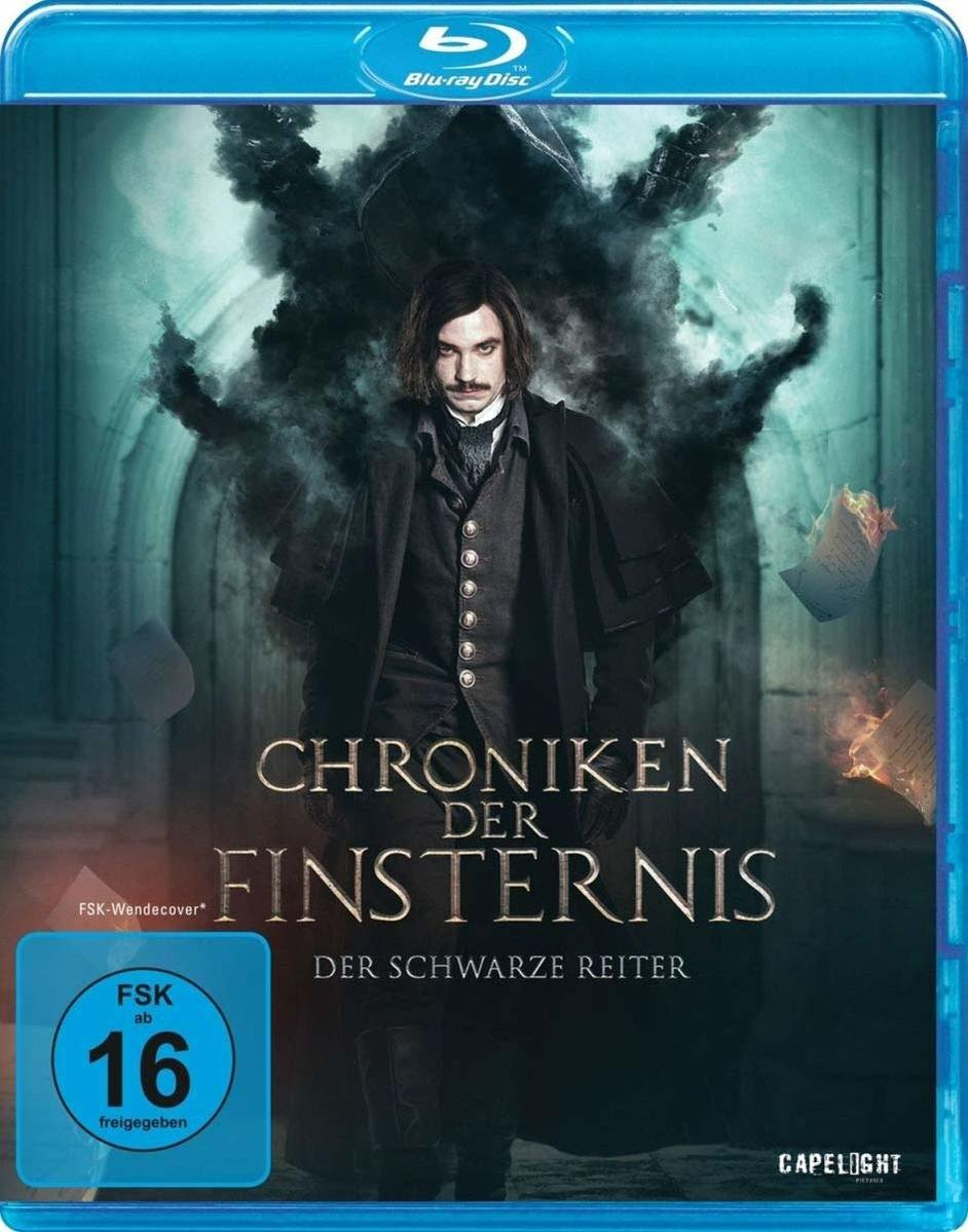 Blu-ray-Disc-Cover: 'Chroniken der Finsternis' mit einer dunklen Figur und einem Mann.