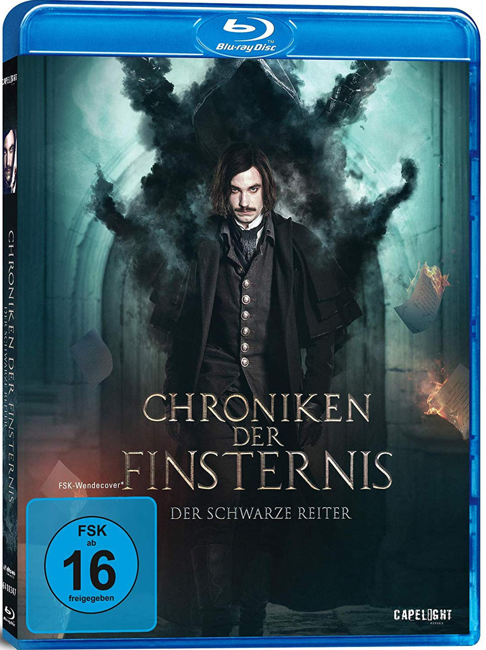 Blu-ray-Disc-Hülle. Das Cover zeigt einen Mann in schwarzem Mantel und dunkle Figuren. Deutscher Text.