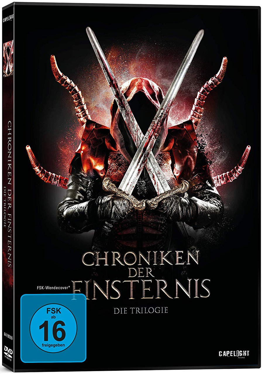 DVD-Cover: Dunkle Figur mit Schwertern, Filmtitel und Bewertungssymbol.