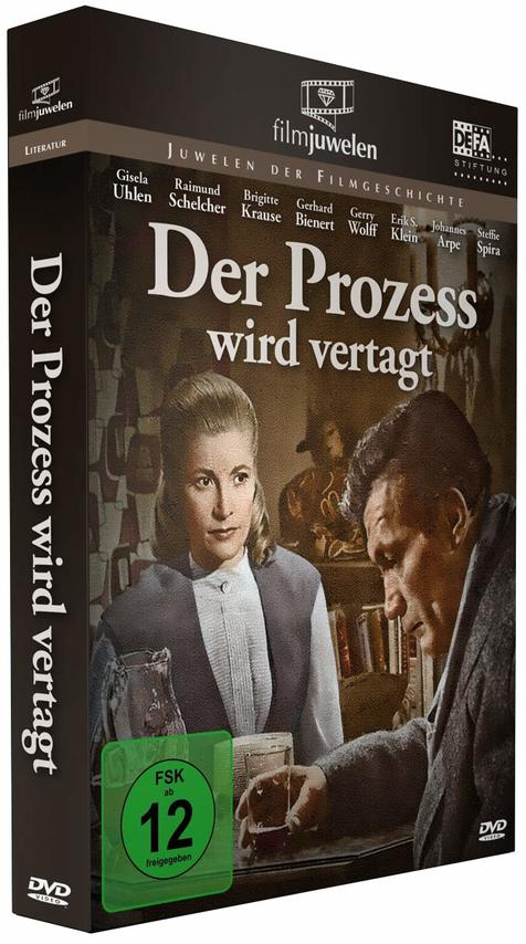 DVD-Cover, deutscher Filmtitel „Der Prozess wird vertagt“ mit Schauspielern. Eine Frau und ein Mann sehen sich an.