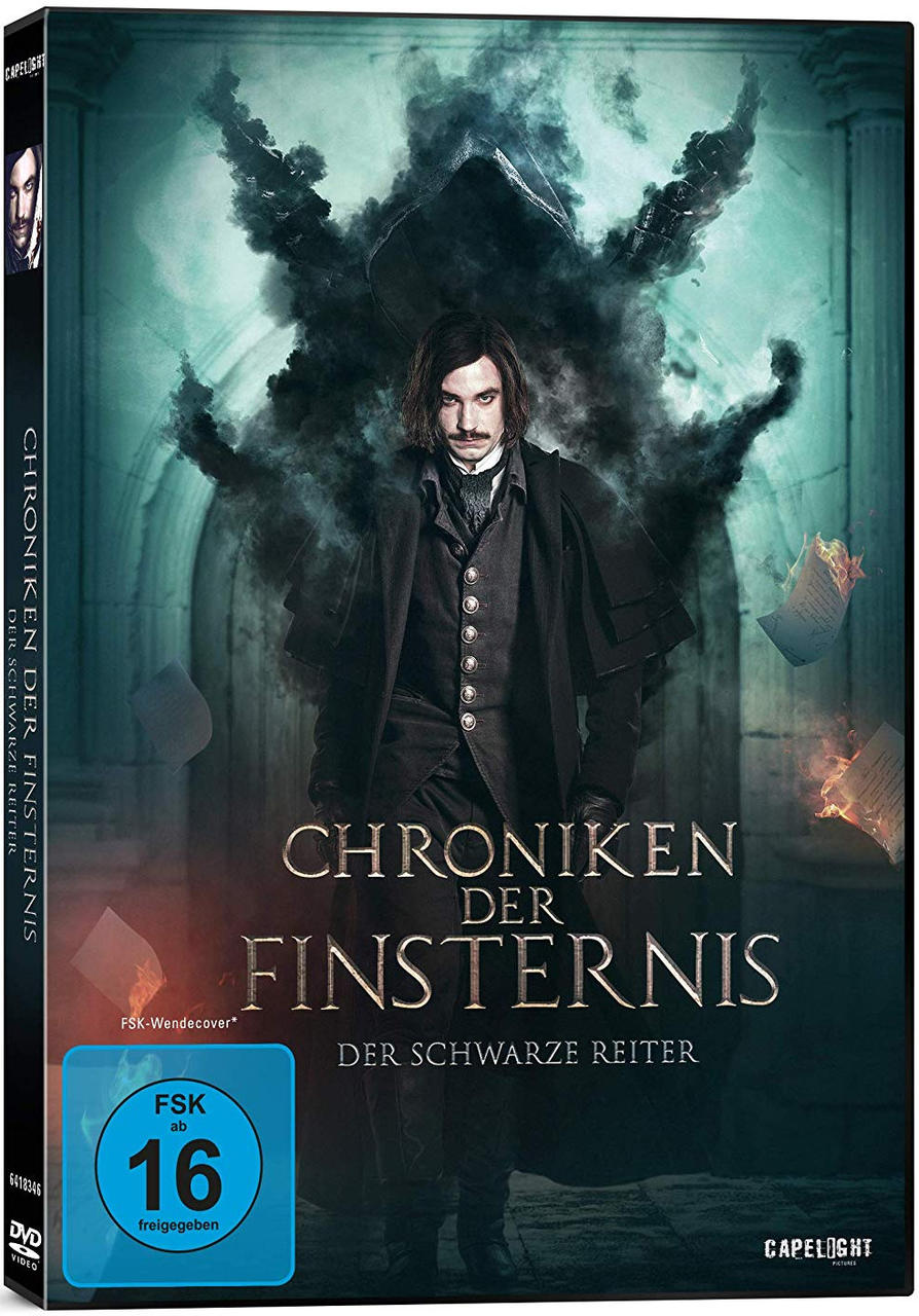 Filmcover: Mann in schwarzem Mantel, dunkle Gestalt, Titel 'Chroniken der Finsternis'.