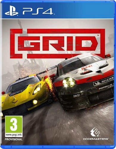 PS4-gamecover: gele en witte raceauto's racen met vonken. De titel is "GRID", met PEGI-classificatie.