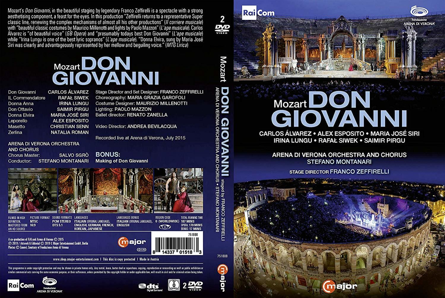 DVD-Hülle für Mozarts Oper Don Giovanni mit Fotos der Besetzung und Bühnenansicht.