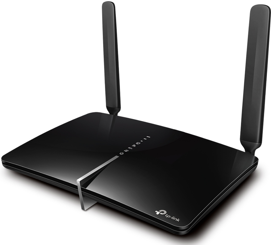 Black TP-Link router with two antennas, on a white background.