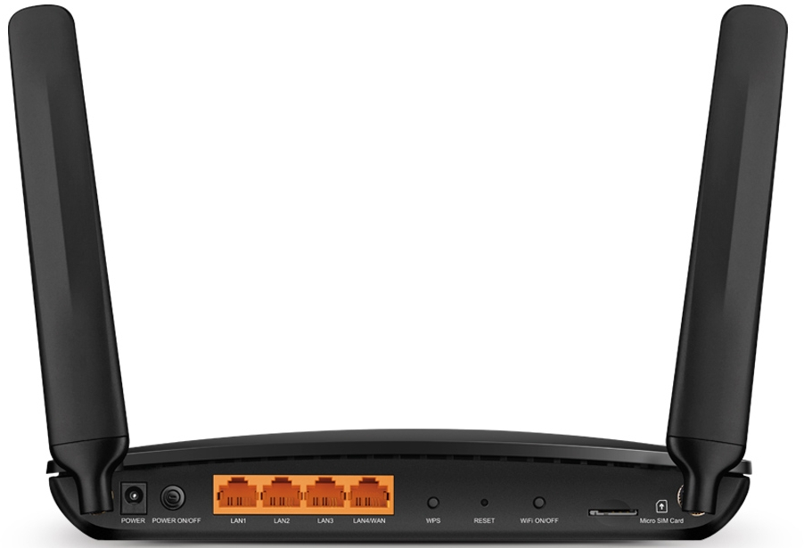 Black wireless router with antennas. The back of the router has ports and connection slots.