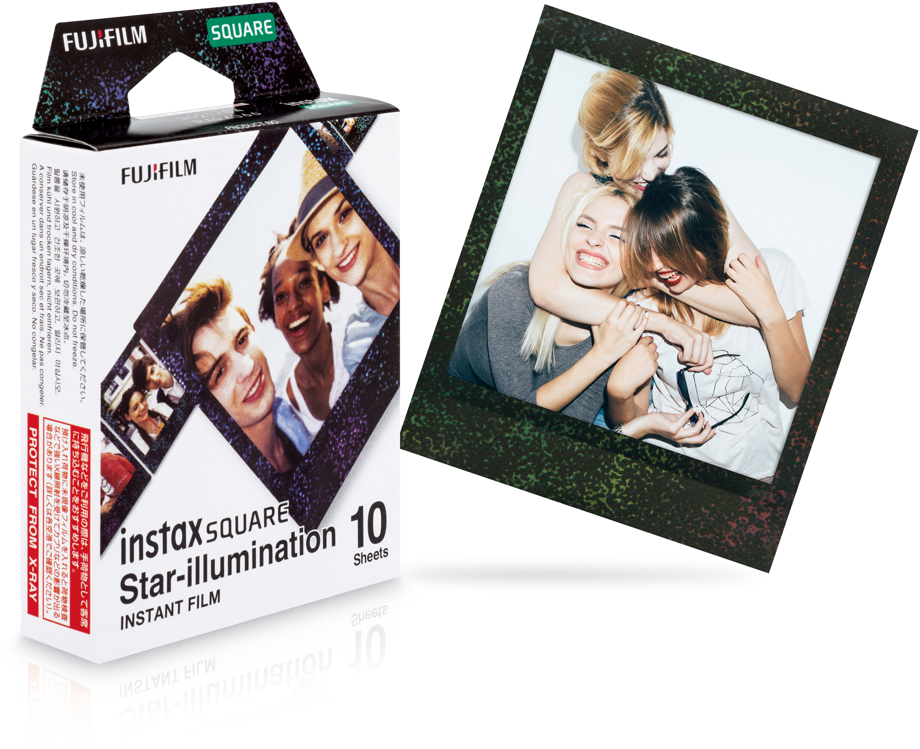 Instax Filmbox und Foto von lächelnden Frauen, mit farbigem Rahmen.