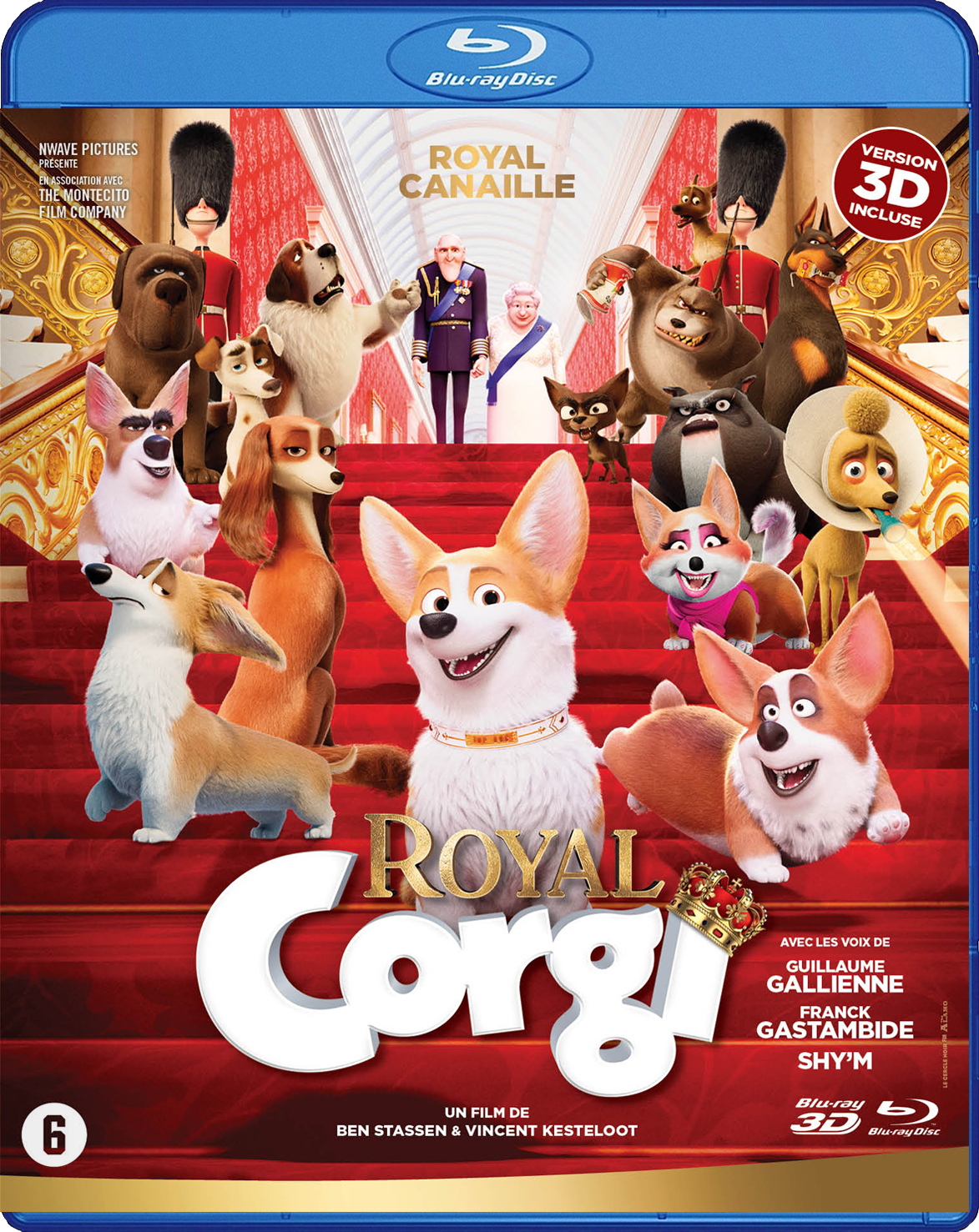 Pochette de film avec chiens. Corgis sur tapis rouge. Texte : Royal Corgi, fond bleu.