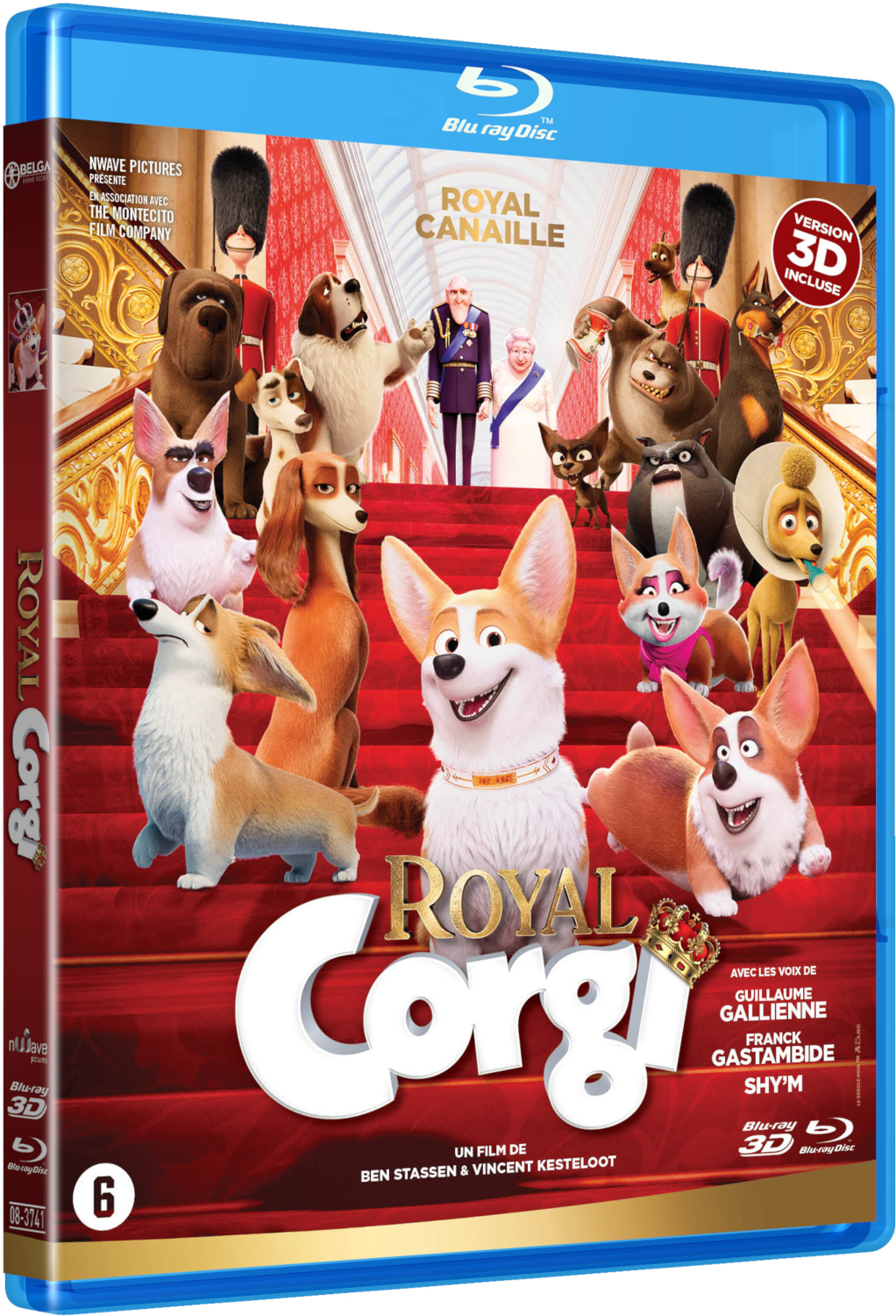 Boîtier Blu-ray du film d'animation 'Royal Corgi'. Nombreux corgis de dessins animés sur la couverture. Boîtier bleu.