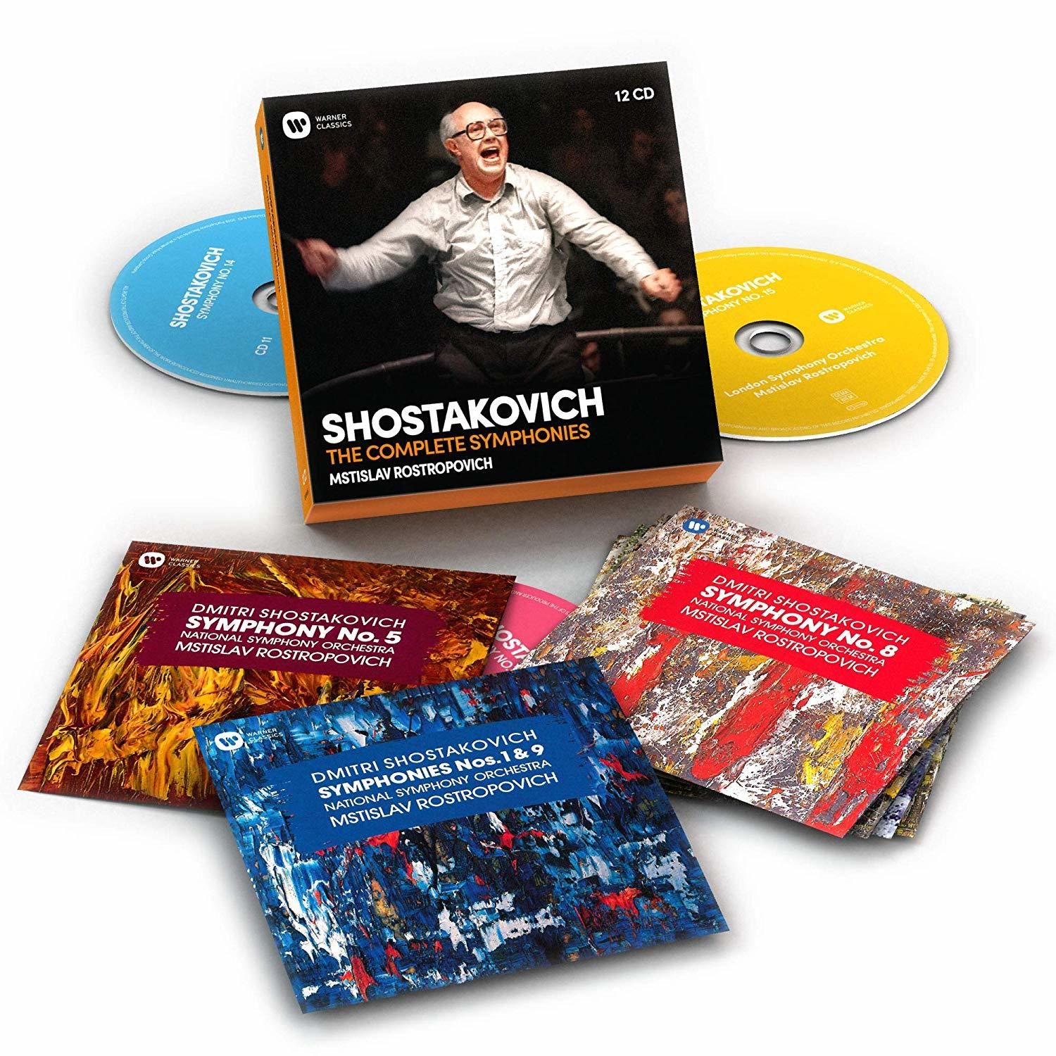 Box-Set mit Schostakowitsch-Symphonien, mit CDs und Albumcovern, auf weißer Oberfläche.