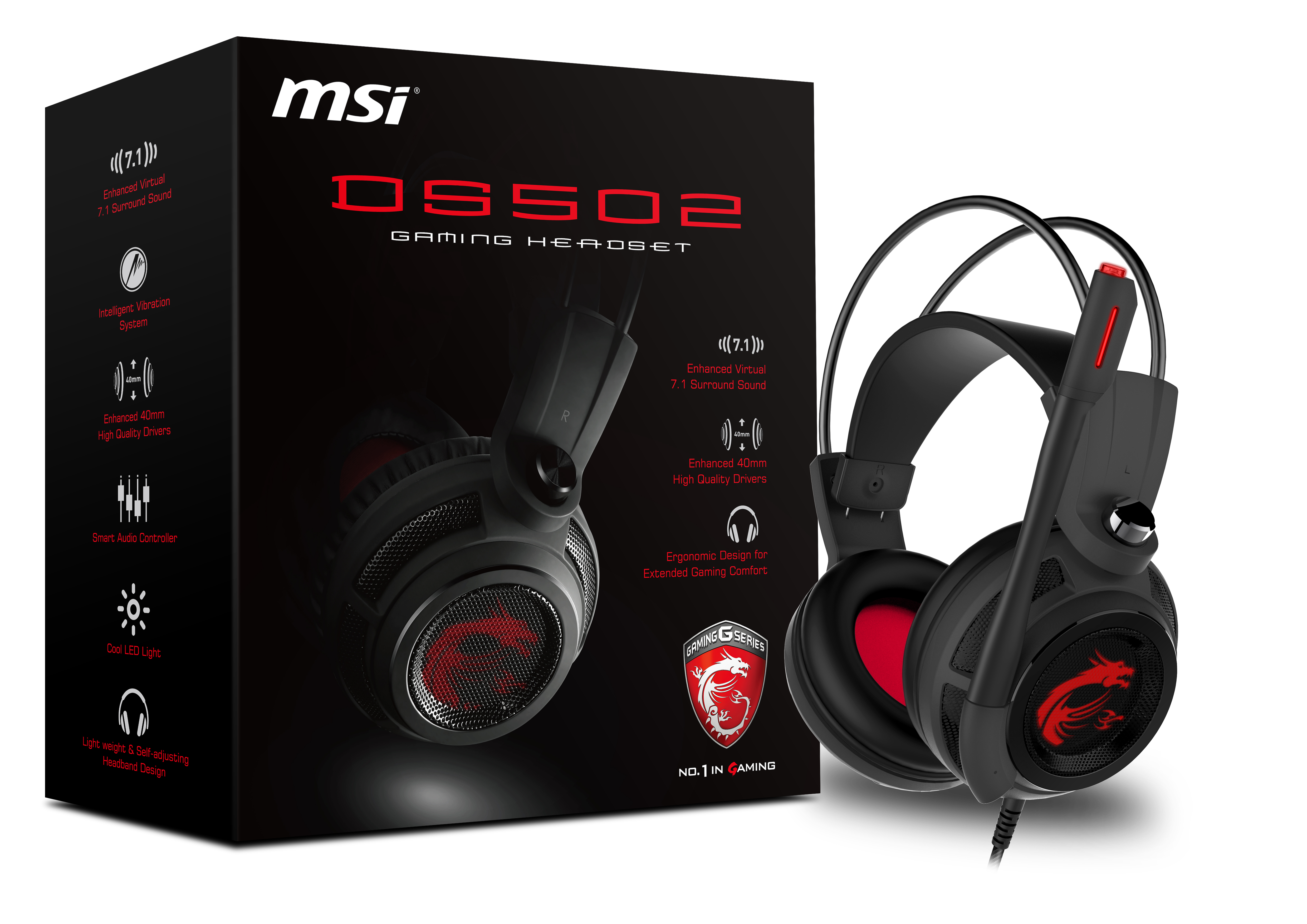 MSI DS502 Gaming Headset mit Vibrationssystem (kabelgebunden, 40 mm Neodym Driver, 20 Hz - 20 Khz, USB 2.0,  schwarz, 405 Gramm, kein RGB)