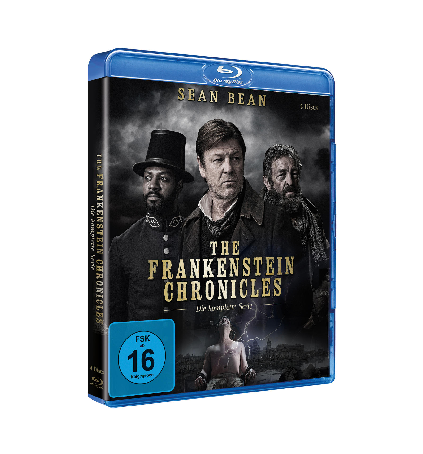 Blu-ray Box-Set von 'The Frankenstein Chronicles' mit Sean Bean. Das Cover zeigt drei Männer.