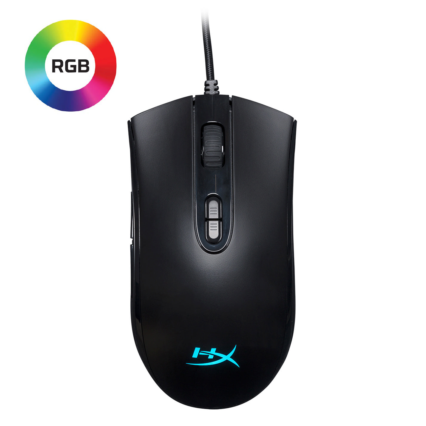 RGB aydınlatmalı siyah oyun faresi. Kaydırma tekerleği ve iki yan düğme içerir, beyaz arka plan üzerinde.