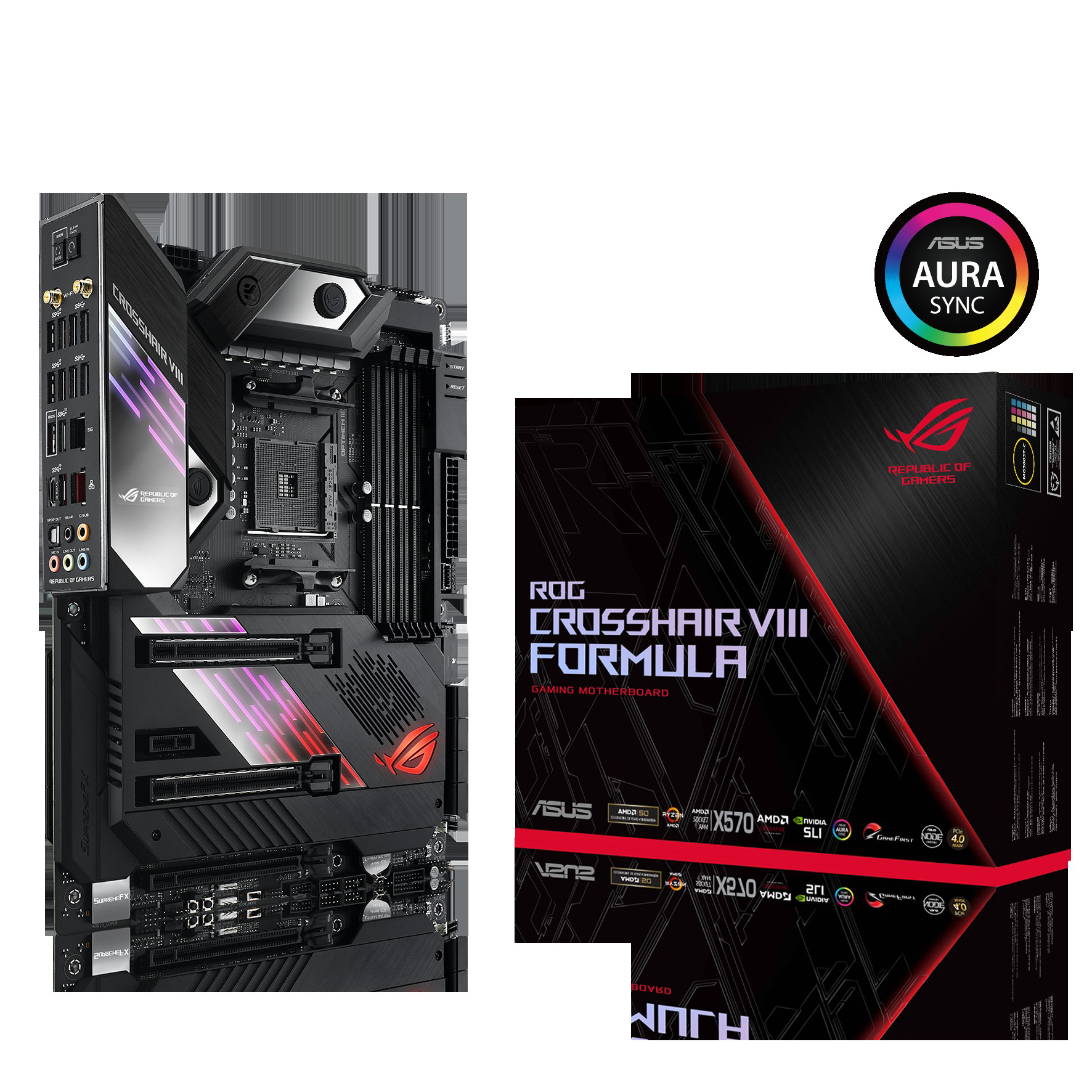 Gaming-Motherboard und -Box. Schwarz und rot, mit dem ASUS ROG-Logo sichtbar.