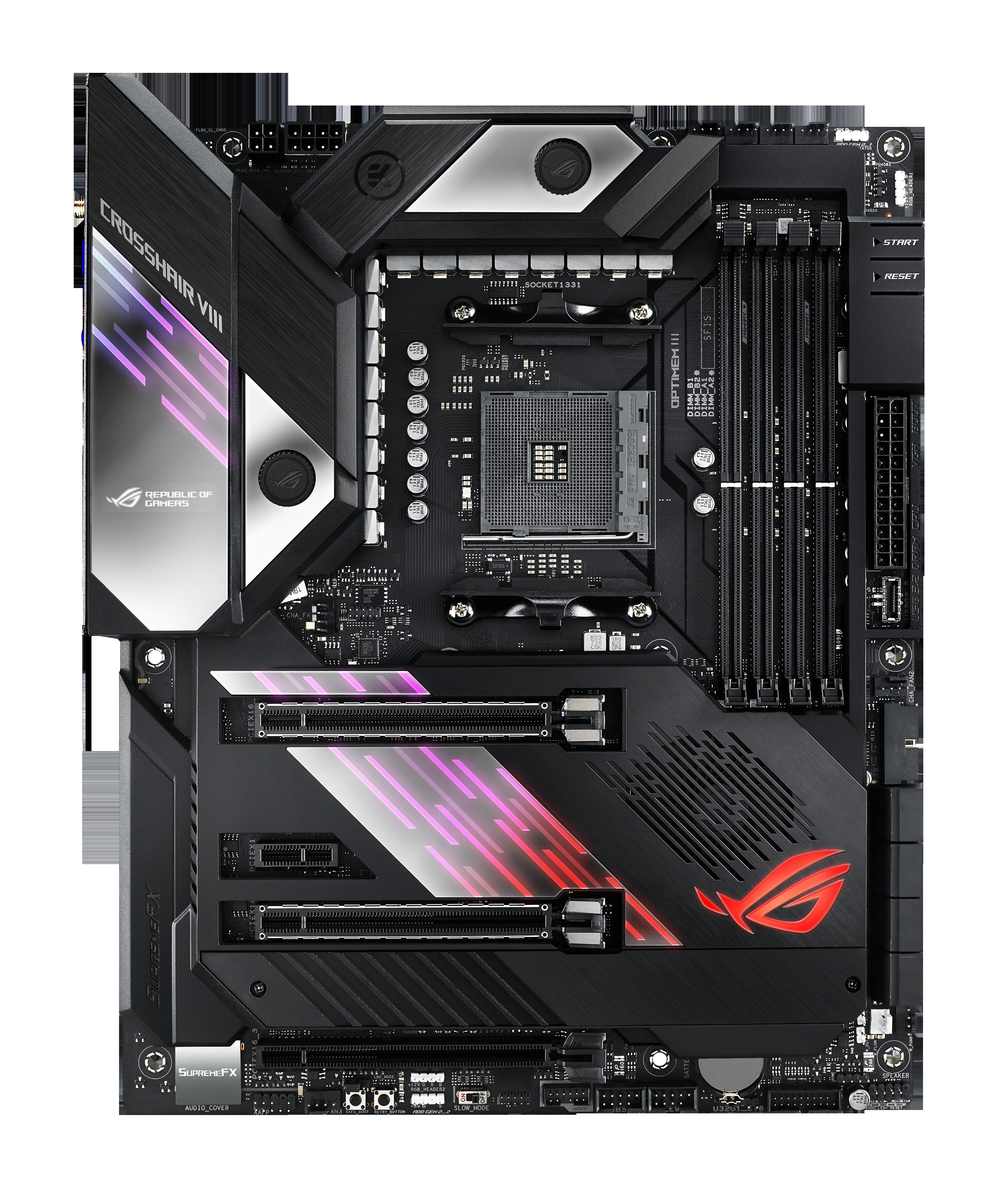 Ein schwarzes und rotes Motherboard mit verschiedenen Komponenten. Zeigt Anschlüsse und das ROG-Logo.