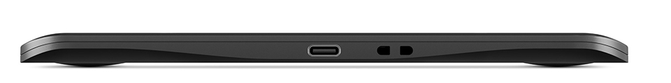 Side view of a slim, black device with a USB-C port and two holes.