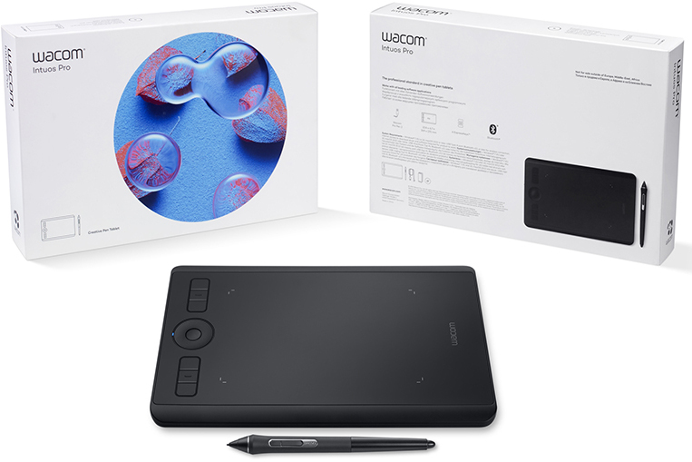 Wacom Intuos Pro tablet and accessories, with two boxes, white background.