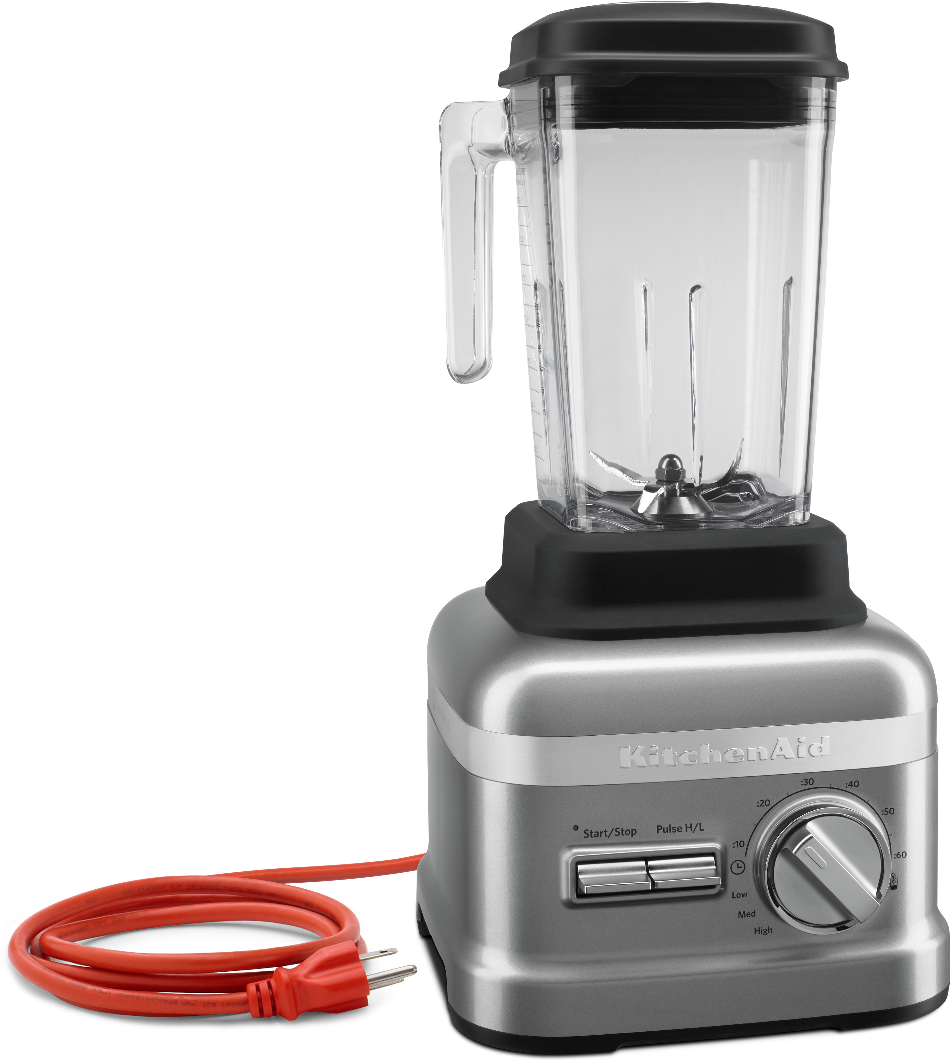 Silberner KitchenAid-Blender mit transparentem Behälter, rotem Kabel und schwarzem Deckel.