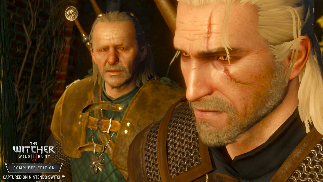 Zwei Männer aus dem Videospiel The Witcher. Einer hat eine Narbe, der andere schaut besorgt.