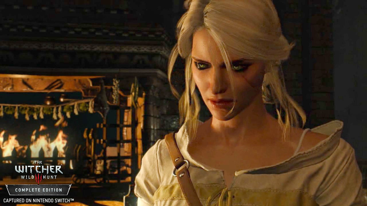 Eine Frau aus dem Spiel The Witcher, Ciri, die nach unten schaut. Sie hat blondes Haar und einen besorgten Gesichtsausdruck.
