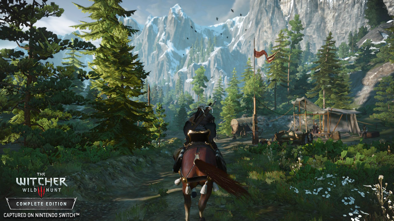 Eine Witcher-Spielszene eines Mannes, der auf einem Pferd auf einem Waldweg reitet.