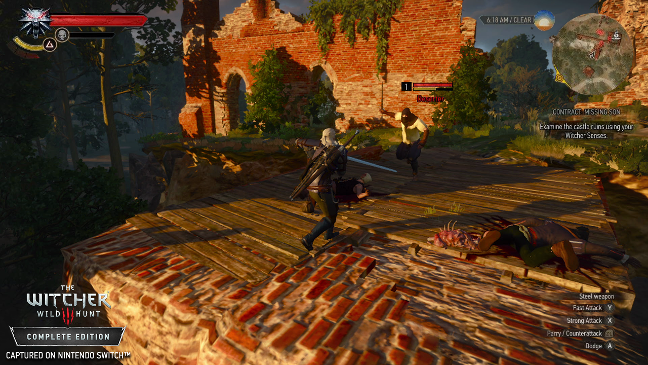 Eine Witcher 3 Spielszene: Geralt kämpft gegen Feinde, Leichen auf Holzplattform.