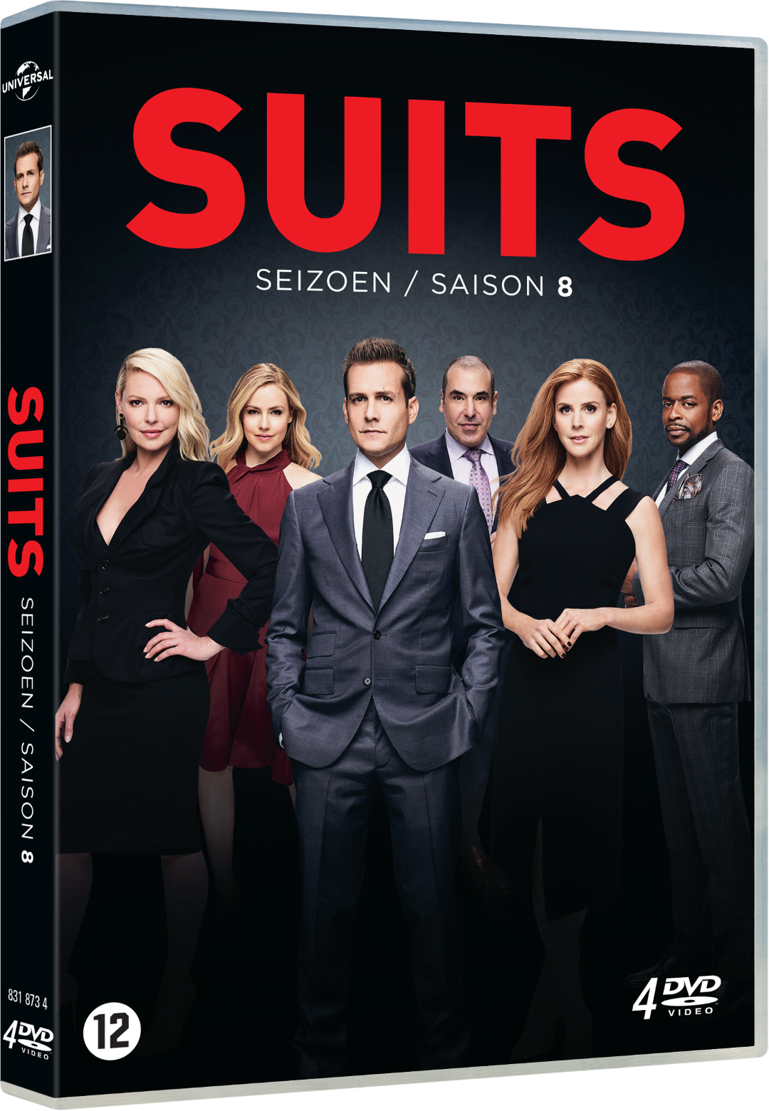 DVD-hoes van 'Suits' seizoen 8. Groep acteurs in pakken.