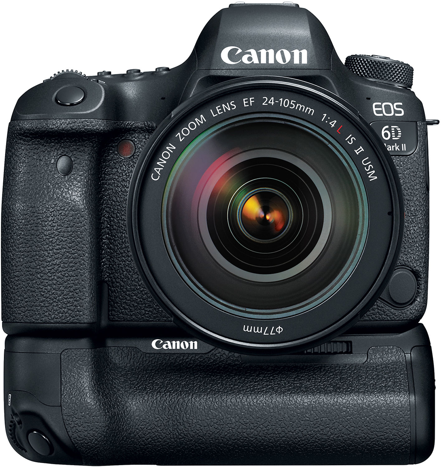 Egy Canon EOS 6D Mark II fényképezőgép akkumulátormarkolattal. Fekete, és lencse van rögzítve.