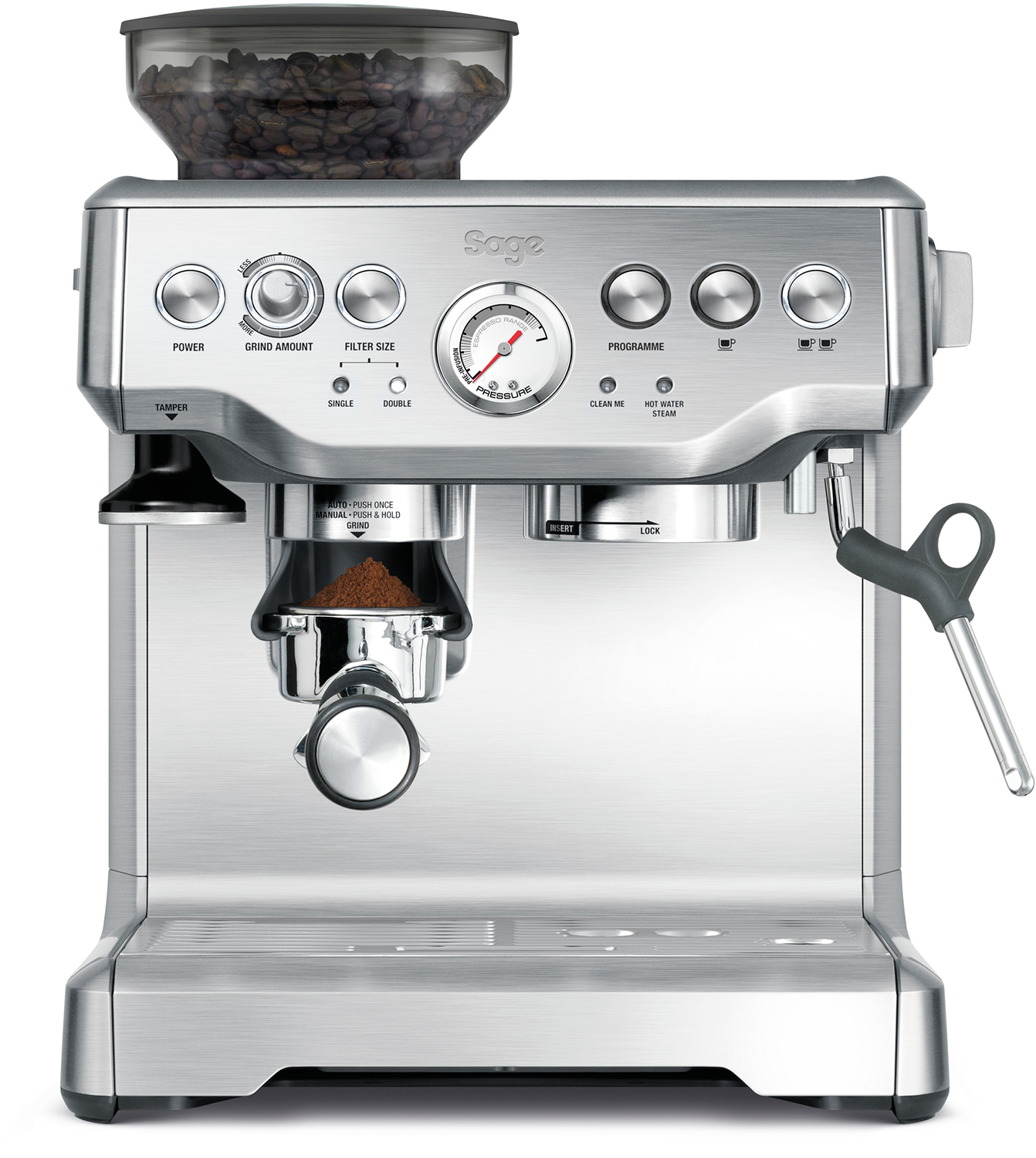 Zilveren espressomachine met meerdere draaiknoppen en een container voor gemalen koffie.