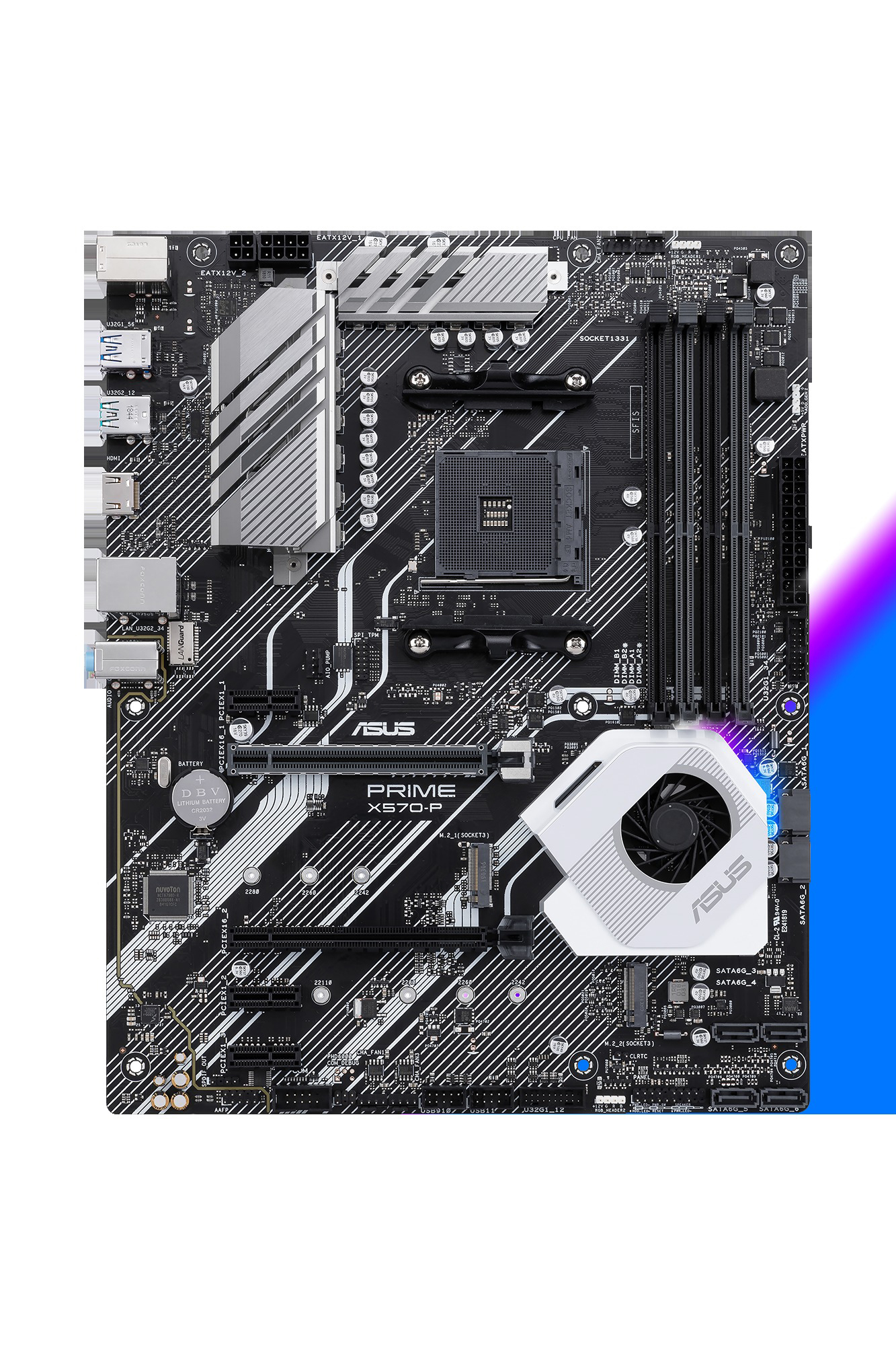 Ein Computer-Motherboard mit verschiedenen Komponenten und ASUS-Branding.