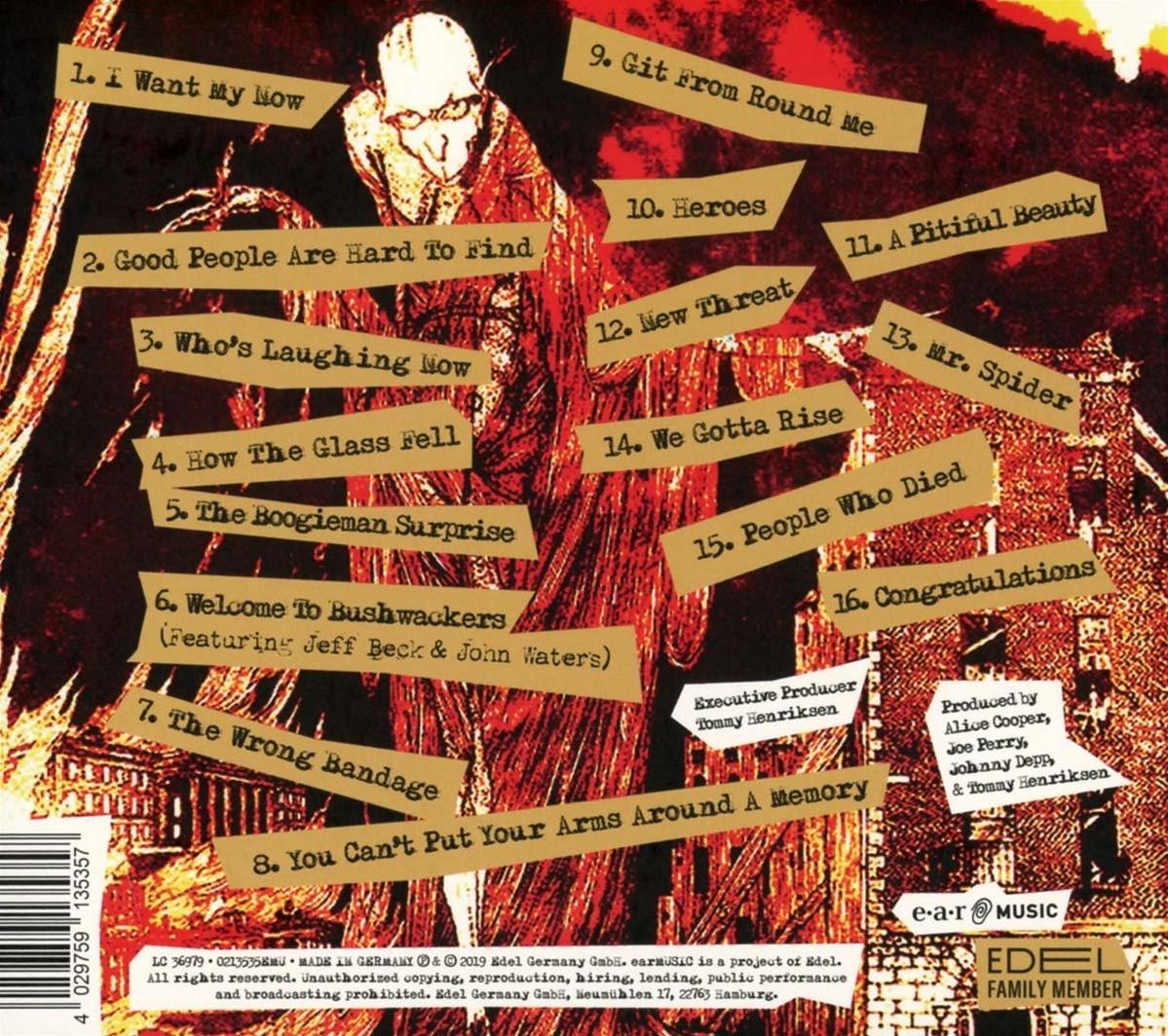 Rückseite einer CD mit roter Grafik und einer Liste von Songs und Credits.