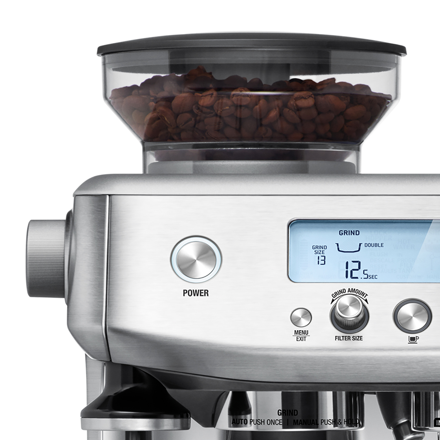 A silver espresso machine with a bean hopper and a digital display with options.