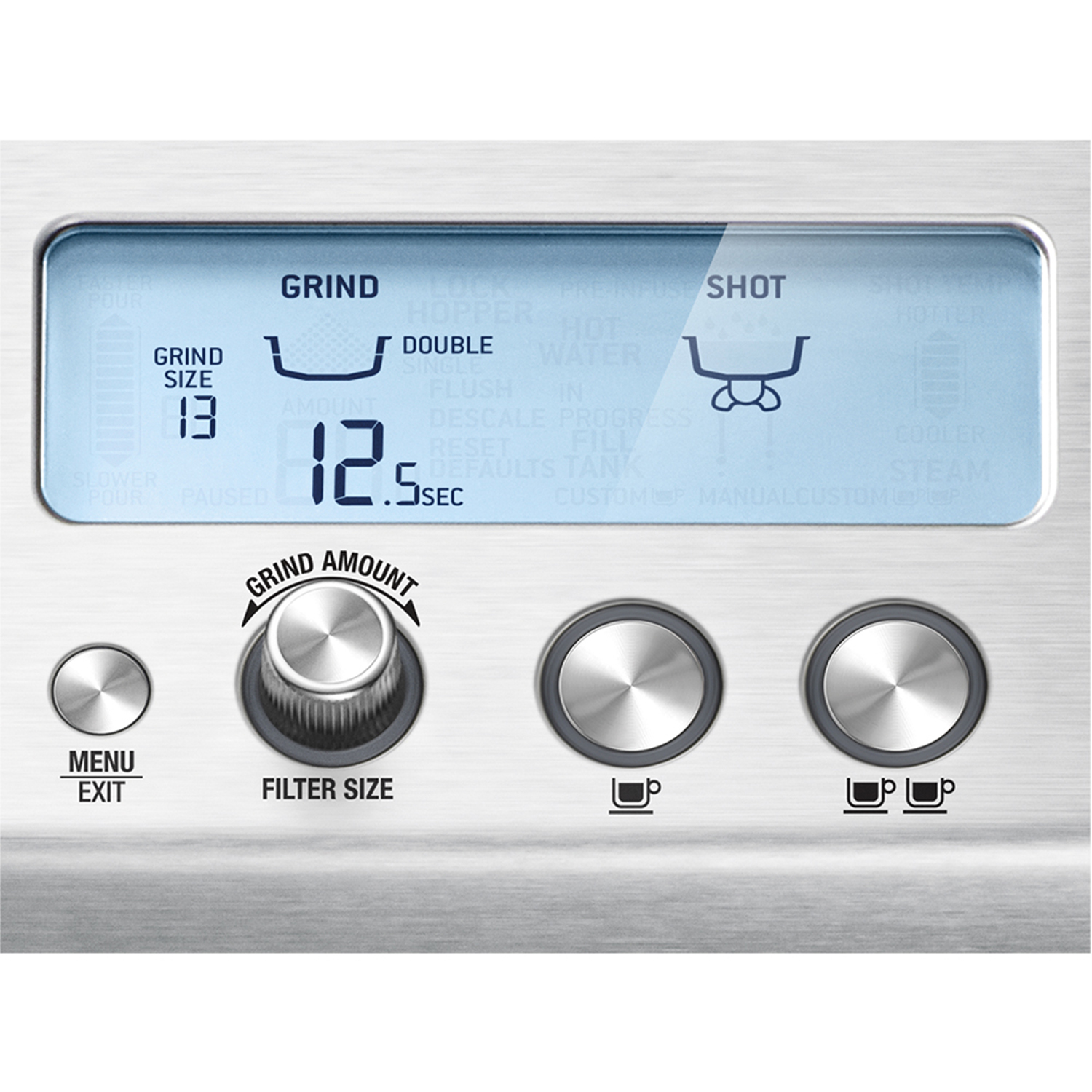 Coffee machine display shows grind settings, with buttons for menu, filter size, and cup options.