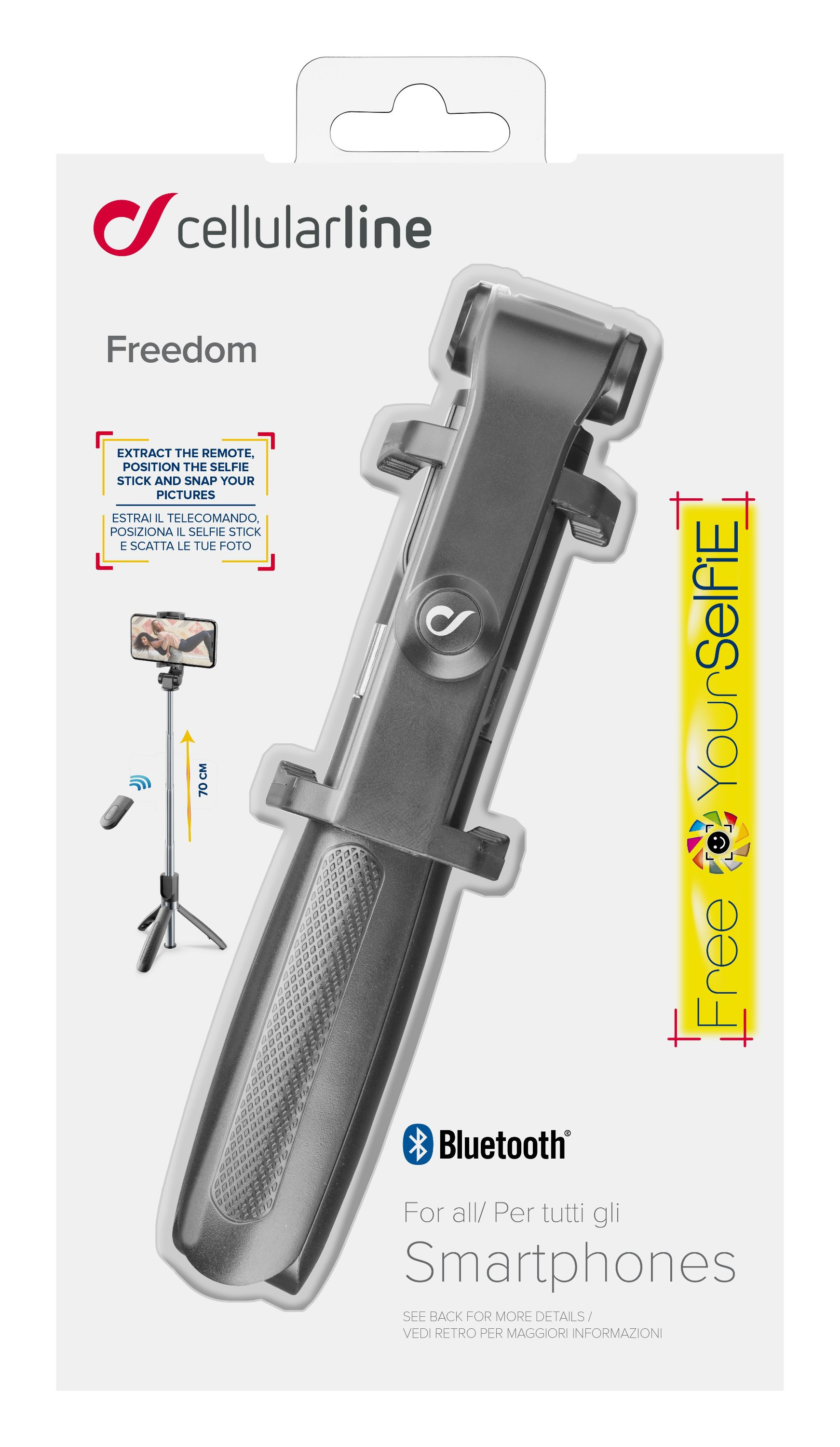Selfie-Stick in Verpackung. Der Stick ist schwarz und grau, mit Telefonhalterung und Fernbedienung.