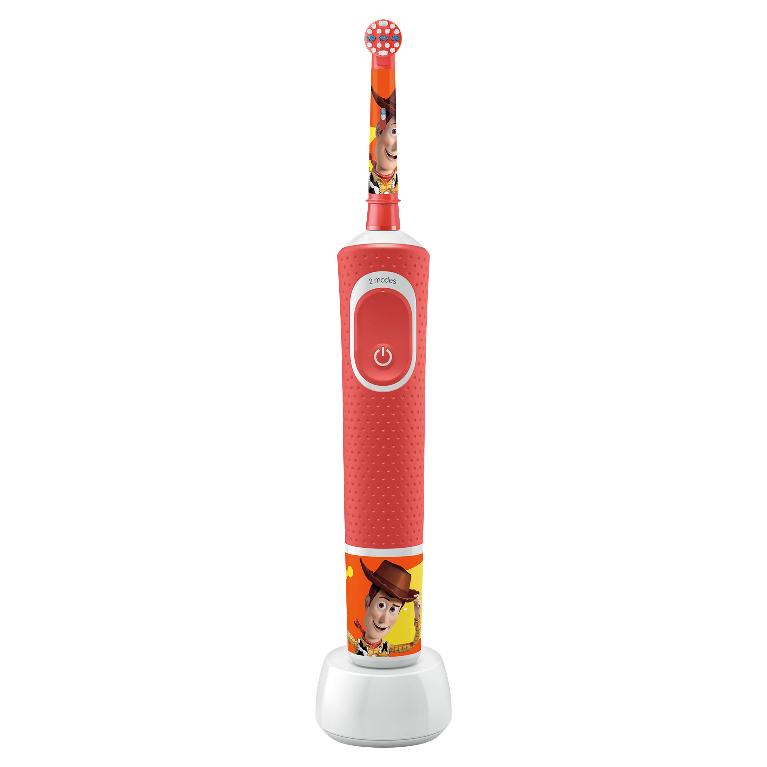Rote und weiße elektrische Zahnbürste mit Woody aus Toy Story darauf, mit Ladestation.