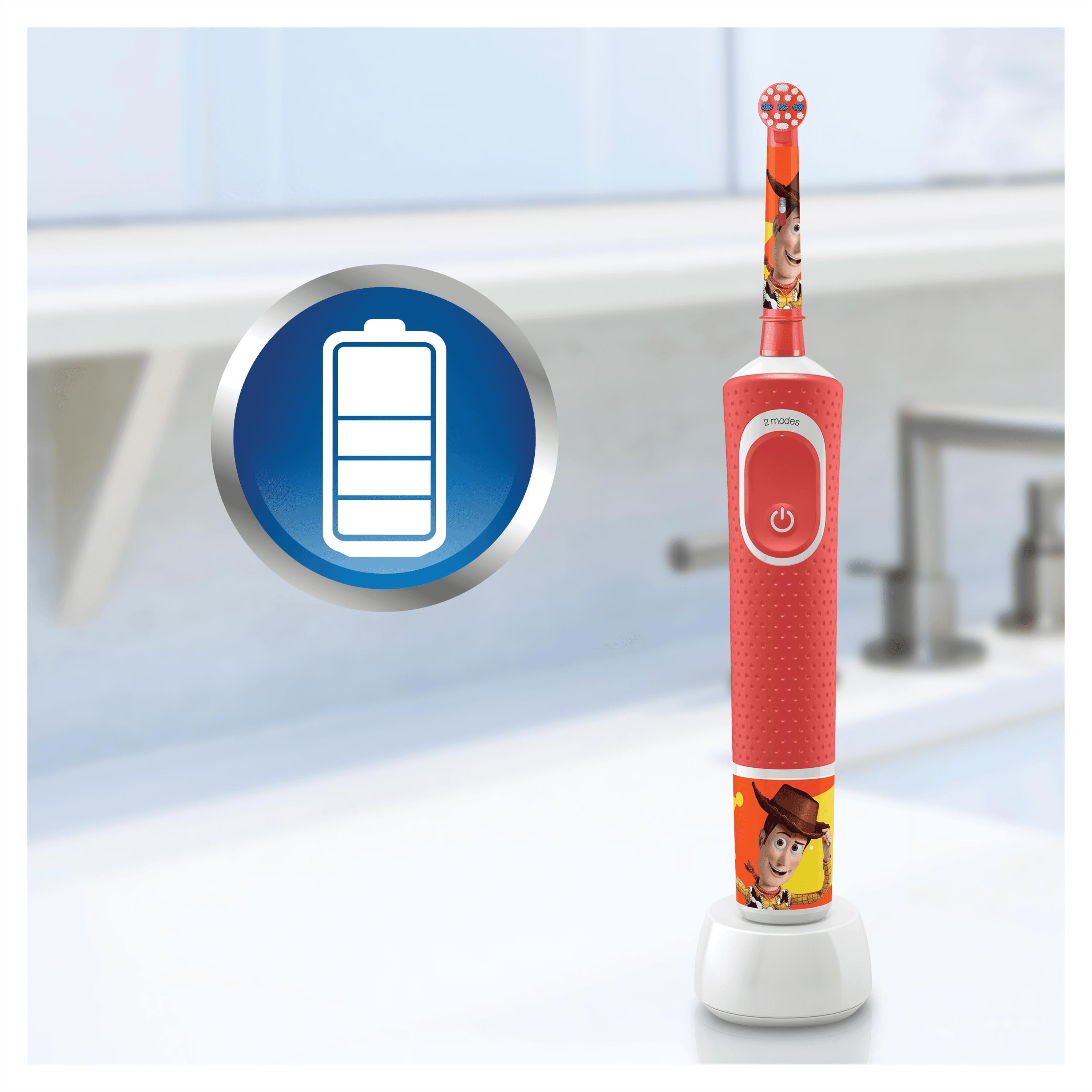 Rote und weiße elektrische Zahnbürste von Oral-B, Woody-Design, Ladestation, Batteriesymbol.