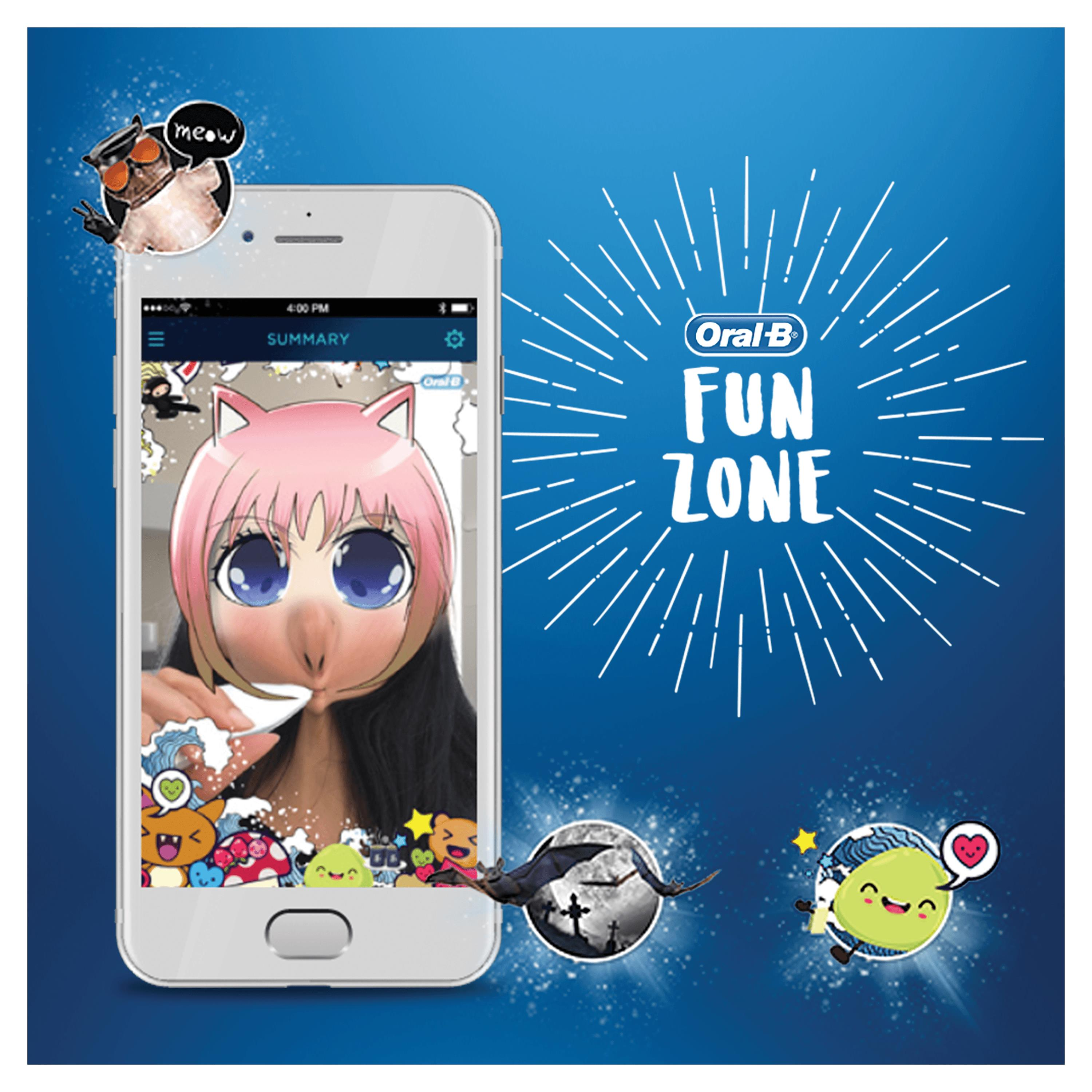 Frau mit Katzenohren-Filter mit einem Telefon, umgeben von animierten Emojis und Oral B Fun Zone Logo.
