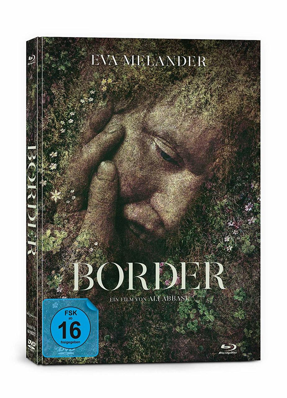 DVD-Cover. Gesicht in Laub eingebettet, Titel 'BORDER' und 'Eva Melander'.