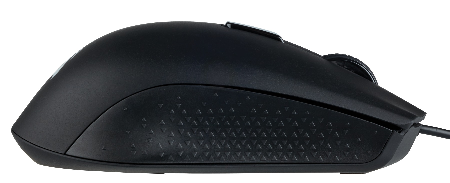 Schwarze Computermaus mit strukturierter Seitengriff und Kabel. Die Form ist ergonomisch.