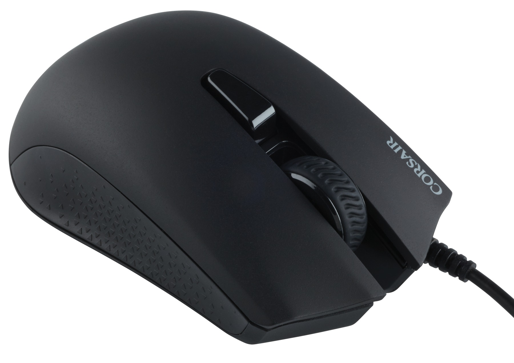 Eine schwarze Corsair Gaming-Maus mit einem Scrollrad und Corsair-Logo.