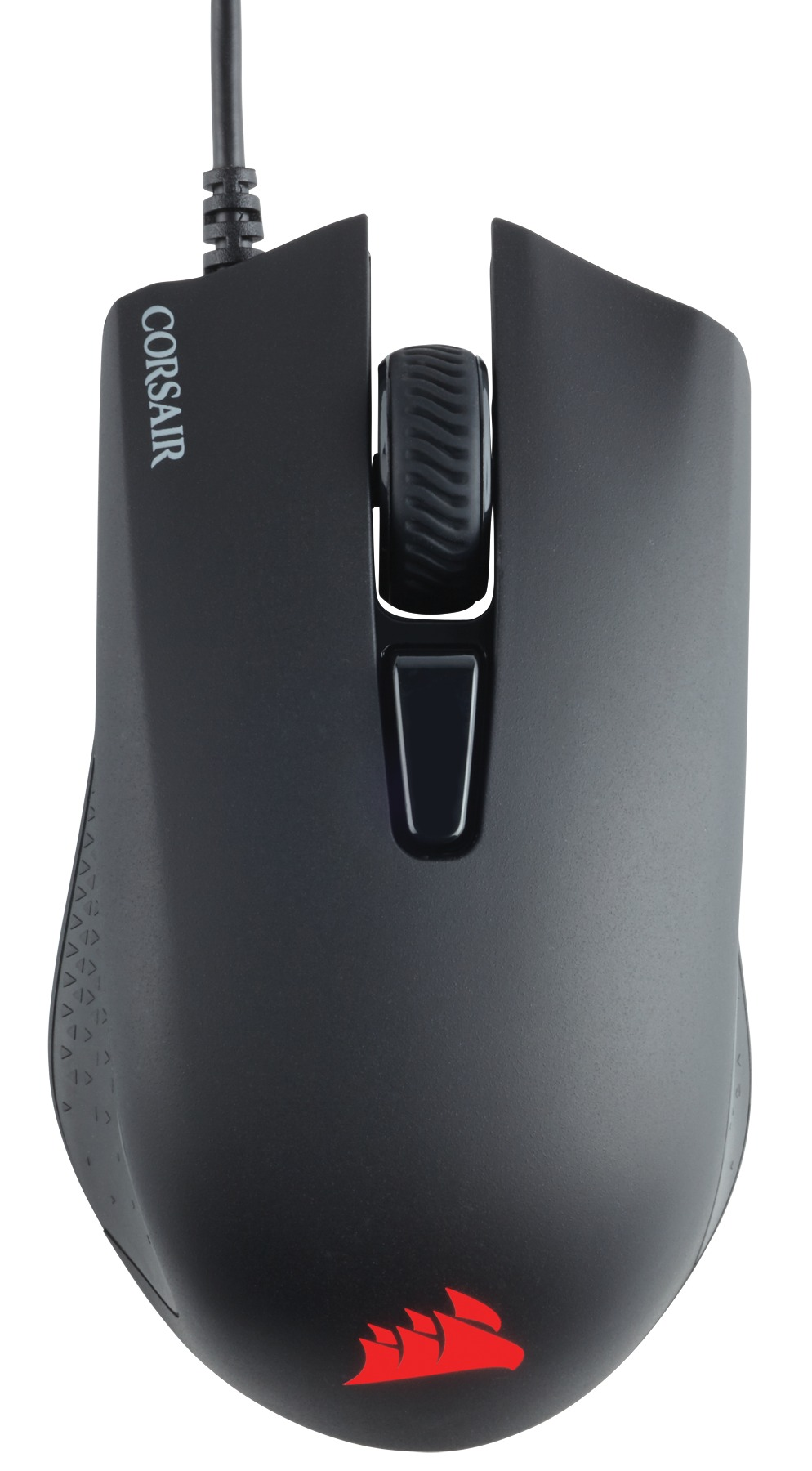 Eine schwarze Corsair-Gaming-Maus. Sie hat ein Scrollrad, Seitentasten und ein rotes Corsair-Logo.