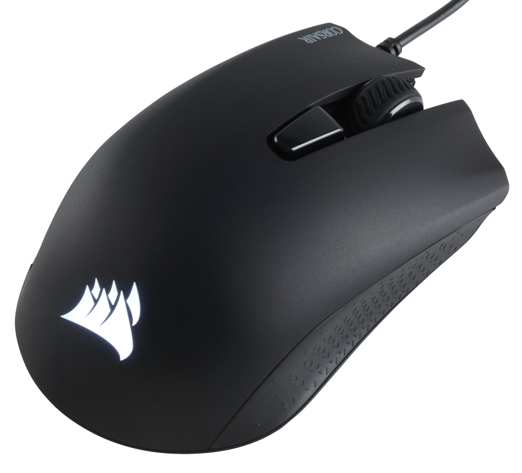 Schwarze Corsair-Maus mit Logo und einem Scrollrad.
