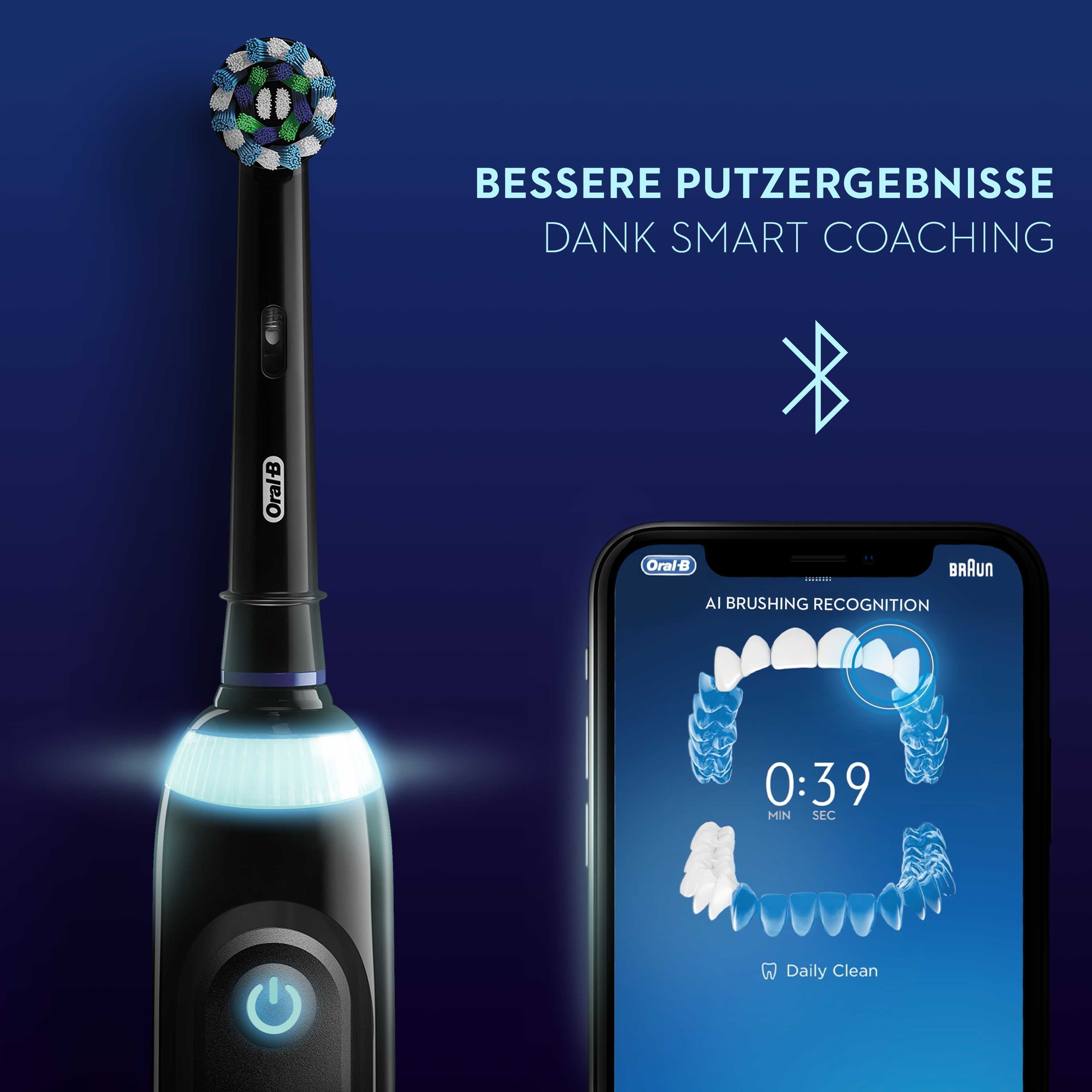 Schwarz-blaue elektrische Zahnbürste mit Smartphone-Anzeige.