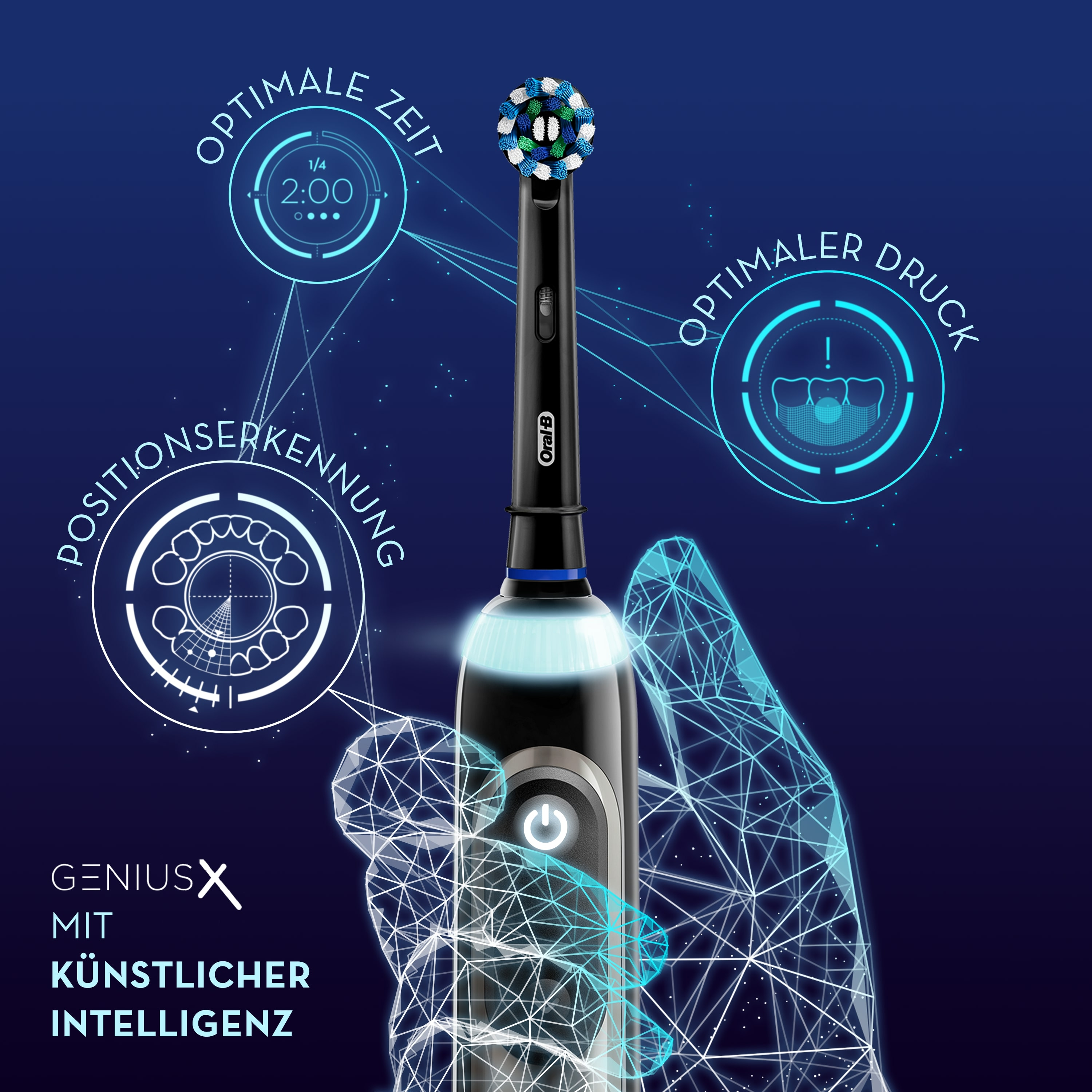 Eine schwarze elektrische Zahnbürste mit einer Hand des Benutzers und grafischen Overlays.