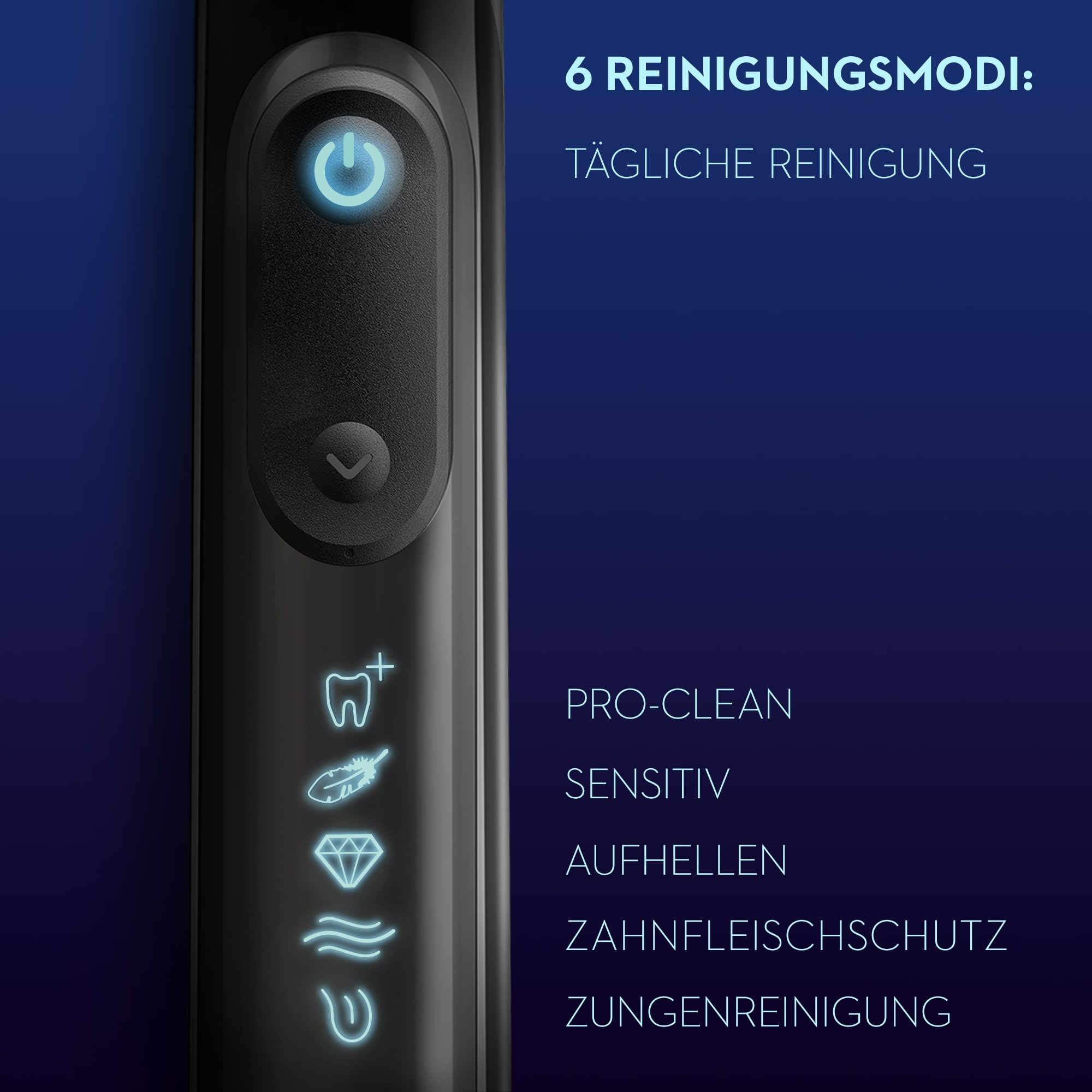 Schwarze Zahnbürste mit leuchtenden Symbolen. Text: 6 Reinigungsmodi, Pro-Clean, Sensitiv, Aufhellen, Zahnfleischschutz.