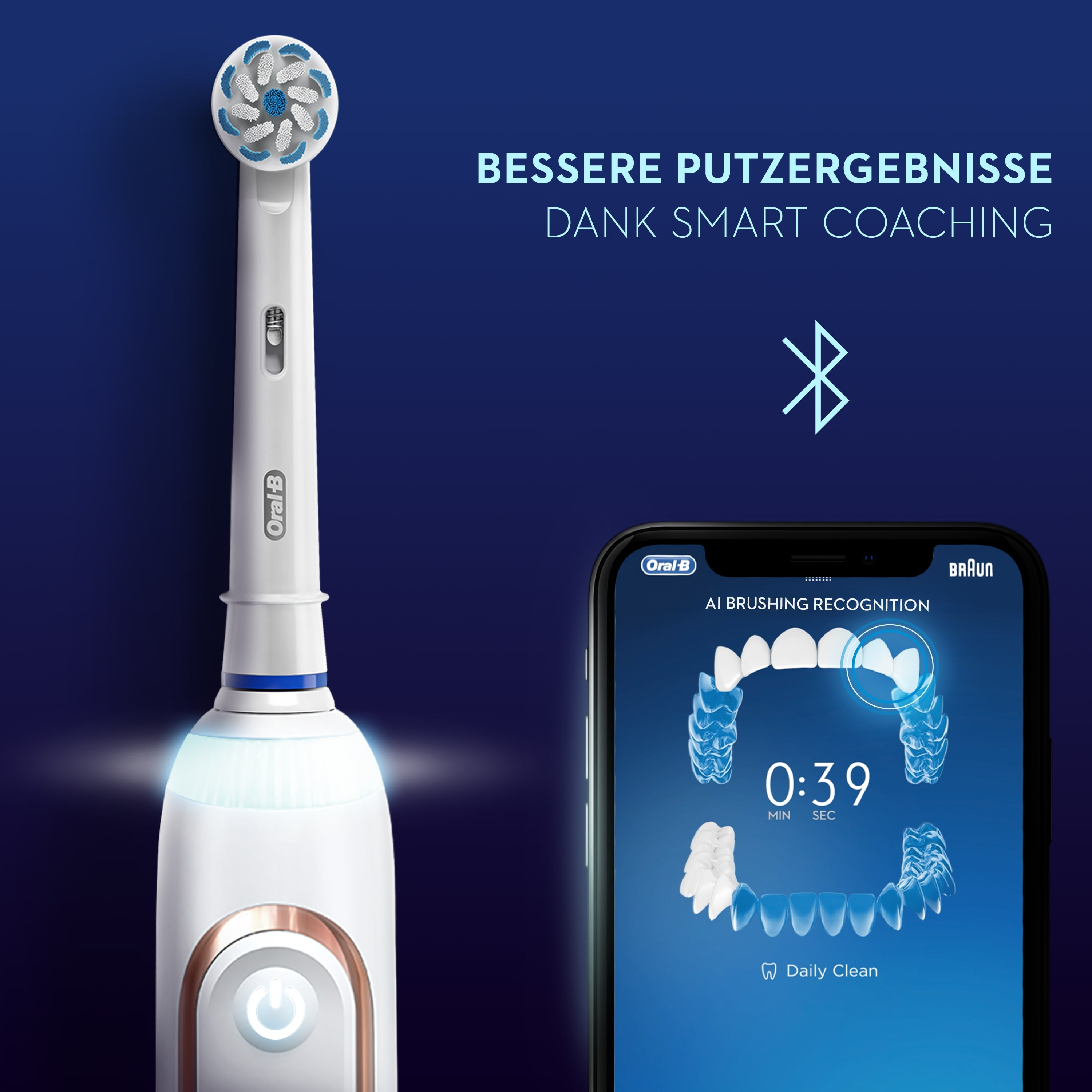 Elektrische Zahnbürste mit Telefon, das Zahnbürstenanalyse zeigt, blauer Hintergrund.